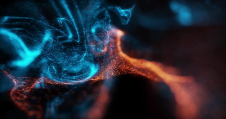 Wall Mural - abstract macro slow motion shot of blue and orange particle fluid isolated on black. paint drops mix