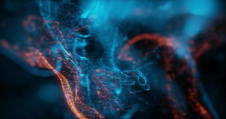 Wall Mural - abstract macro slow motion shot of blue and orange particle fluid isolated on black. paint drops mix