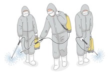 A Man In A Protective Suit Conducts Disinfection. Specialist Clothing Protecting From Chemical Poisoning In The Industry And Treatment With Insecticides.