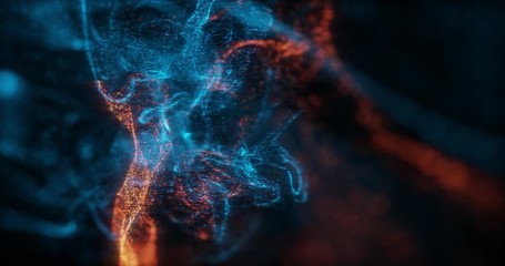 Wall Mural - abstract macro slow motion shot of blue and orange particle fluid isolated on black. paint drops mix
