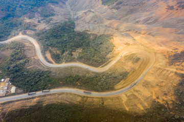 Aerial view of road along mountain in highland of Laos