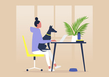 Pet Friendly Office, Young Female Character Working With A Dog On Their Lap
