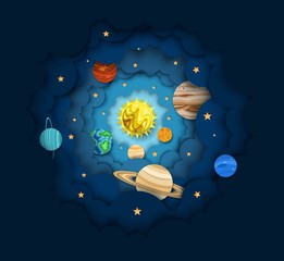 Wall Mural - solar system, vector layered paper cut style illustration
