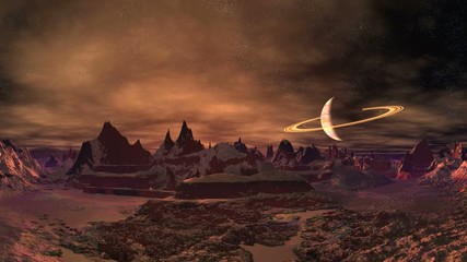 Wall Mural - Sunrise on a Mysterious Alien Planet. Mountains are covered in snow. Above the horizon planet similar to Saturn. On a starry sky floating clouds. he bright orange sun rises from behind the mountains.
