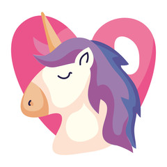 Poster - head of cute unicorn with heart isolated icon vector illustration design