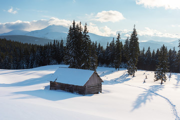 Wall Mural - Charming snow-capped houses on a mountain Carpathian mountain valley, with magnificent views of peaks in winter.