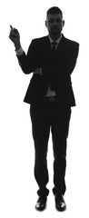 Wall Mural - Silhouette of businessman pointing at something on white background. Concept of choice