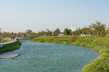 Taichung Central Park at the Shuinan Economic and Trade Area in blue sky sunny day. Former Shuinan Airport, lot of green space in here, the second largest park in Taiwan. Xitun District, Taichung City