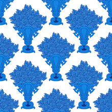 Pattern With Vintage Vases With Blue Abstract Flowers