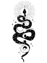 Occult Trendy Hand Drawn Illustration With Snake, Moon And Stars.