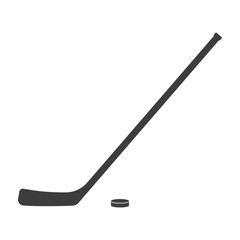 Wall Mural - Ice hockey stick and puck icon or black silhouette isolated on white background. Sport equipment symbol. Vector illustration.