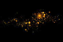 Gold Glittering Light Bokeh Abstract Particles In Dark Background.