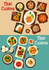 Sticker - Thai seafood and meat vector dishes with rice, noodles. Tom yum and kha gai soups with vegetables, chicken and shrimps, nut and ginger sauce, spring roll, curry and pork satay, fruit salads, ice cream