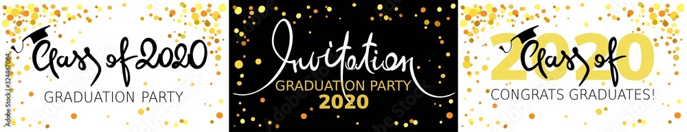 Graduate 2020. Vector illustration, card, invitation with gold confetti and calligraphic title. - obrazy, fototapety, plakaty 