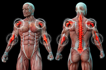 Joint pain in humans, anatomical vision. 3d illustration.