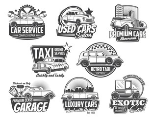 Wall Mural - Vintage car and auto repair service spare part vector badges. Retro automobiles with vehicle engine piston, mechanical gear, spanner and wrench icons, mechanic garage, taxi, used cars salon emblems