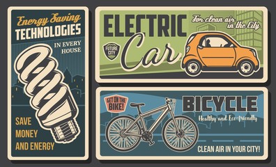 Sticker - Energy savings and eco transport retro banners of ecology and environment protection vector design. Economy fluorescent light bulb, electric car and bicycle with green city on background