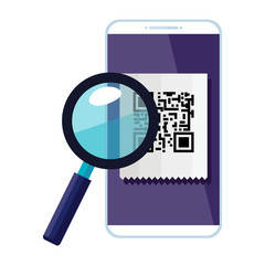 Sticker - smartphone device with scan code qr and magnifying glass vector illustration design