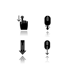 Sticker - Scrolldown drop shadow black glyph icons set. Swipe down indicators for smartphone touchscreen. Arrows mobile app interface navigational buttons. Isolated vector illustrations on white space