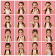 collage of portraits of little girl with different emotions on pink background. Human emotions and facial expression