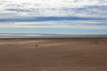 two people are walking along the sandy desert against the background of the sea and heavy stormy sky