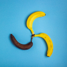 Yellow And Brown Banana Shape As A Airscrew On Bright Blue Background. Minimal Fashion, Flatlay. Propeller Of Different Banana Ripeness Creative Concept Top View. Waste Food
