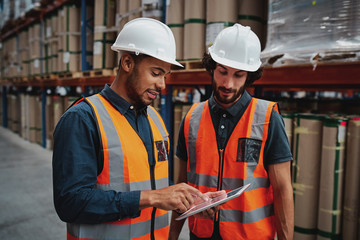 Wall Mural - Young focused workers in warehouse discussing work on digital tablet