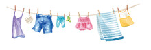 ロープに干した洗濯物いろいろ（スカート、タオル、靴下、パンツ、デニム、子供服、キャミソール）水彩イラスト。トレースベクター。