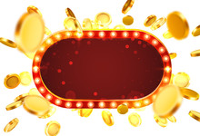 Casino Lamp Frame With Gold Realistic 3d Coins Background.