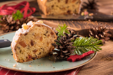 Wall Mural - Traditional Christmas cake with candied fruit, raisins and fruits. Shallow depth of field.