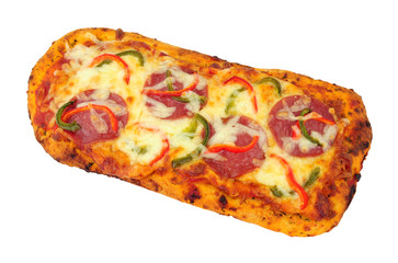 Pepperoni and cheese flat bread pizza isolated on a white background