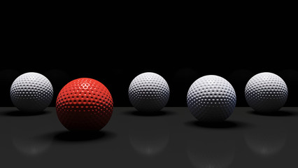 Golf balls with single red isolated on black background 3d rendering, 3d illustration