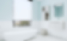 Unfocused, Blur Phototography. Blue Bathroom With Modern Furniture And Decorative Tiles. 3D Rendering. Mockup