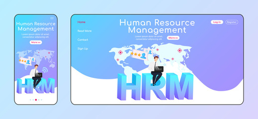 Human resource management adaptive landing page flat color vector template. Smiling man keeps laptop mobile, PC homepage layout. HRM system one page website UI. World map webpage cross platform design