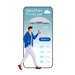 Weather forecast cartoon smartphone vector app screen. Mobile phone display, flat character design mockup. Guy in suit. Male with umbrella. Man in jacket. Meteorology application telephone interface