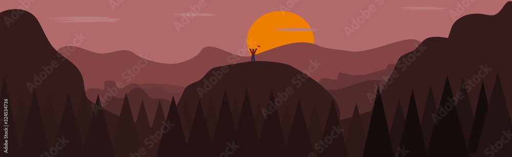 Life Goal Achievement Happy Man Celebrating Personal Success By Raising Hand In Nature Beautiful View And Mountain Tops In Background Winner Travel And Hiking Concept Vector Wall Mural Bulan