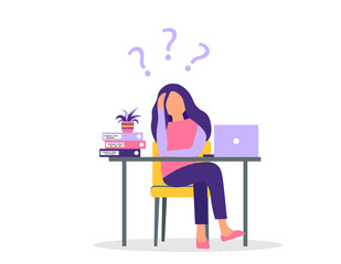 A young woman is sitting under question marks. Girl or woman surrounded by question marks. Woman is thinking in the workplace. Workplace with a laptop. Vector illustration on an isolated background.