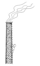 Vector Cartoon Stick Figure Drawing Conceptual Illustration Of Man, Worker Or Ecologist Climbing Old Factory Smokestack Or Chimney.