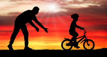 Father Teaches Baby To Ride Bicycle. Silhouette Vector Illustration