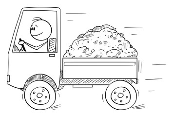 Canvas Print - Vector cartoon stick figure drawing conceptual illustration of smiling man or driver driving small truck loaded by sand or soil. Transportation or logistic business concept.