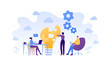 Business teamwork success concept. Vector flat people illustration. Male and female sitting with laptop and woman placing piece of puzzle. Design element for banner, poster, background.