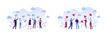 Business Social Media Marketing And Reputation Concept. Vector Flat Person Illustration. Crowd Of Corporate People Holding Thumb Up And Heart Like Sign. Design Element For Banner, Poster, Background.