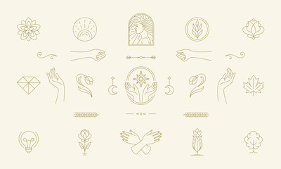 Wall Mural - Vector line feminine decoration design elements set - female face and gesture hands illustrations simple linear style