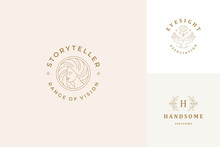 Vector Line Logos Emblems Design Templates Set - Female Face And Gesture Hands Illustrations Simple Minimal Linear Style