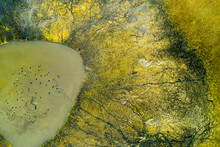 Aerial Landscape Lagoon Chemical Concentration.Intense Yellow Soil