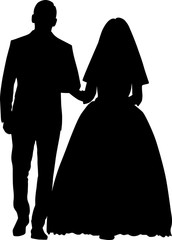 Vector silhouette of a bride and groom holding hands. The wedding couple