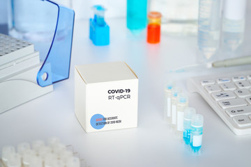 Wall Mural - Test kit to detect novel COVID-19 coronavirus in patient samples. RT-PCR kit allows to convert viral Covid19 RNA to DNA and amplify specific region of 2019-nCov gene coding spike.