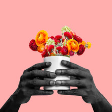 Hands Of African-american Man Holding Flowers On Coral Background. Copyspace For Your Proposal. Modern Design. Contemporary Artwork, Collage. Concept Of Fashion, Beauty, Gift, Spring, Summer.