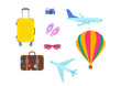 Set of traveling, planning a summer vacation, tourism, air balloon,  baggage, camera, slates, airplane, Modern flat vector concept illustrations of travel.