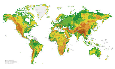 Physical World Map vector illustration with cities, countries and international borders